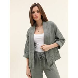 Moonsun Italian Gauze Cotton Olive Open Jacket open front pockets small